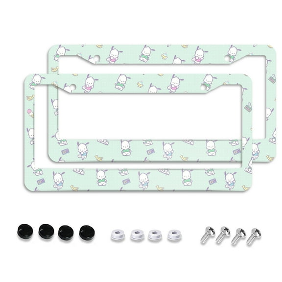 Sanrio Pochacco Cartoon Car License Plate Frame 2 Pack, License Plate Cover Bracket Decorative Aluminum License Plate Frame Auto Accessories Unisex 11.8 X 5.9 Inch 2 Holes with Screws