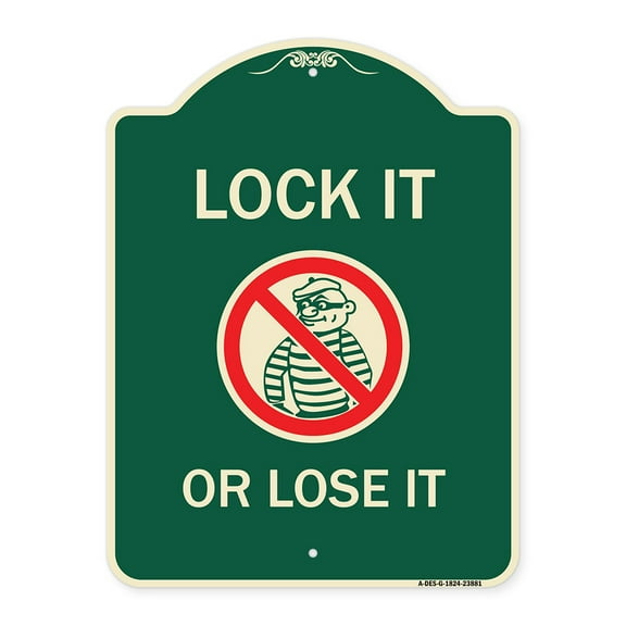SignMission Designer Series Sign - Lock It or Lose It (With Graphic) | Green & Tan 18" x 24" Heavy-Gauge Aluminum Architectural Sign | Protect Your Business & Municipality | Made in the
