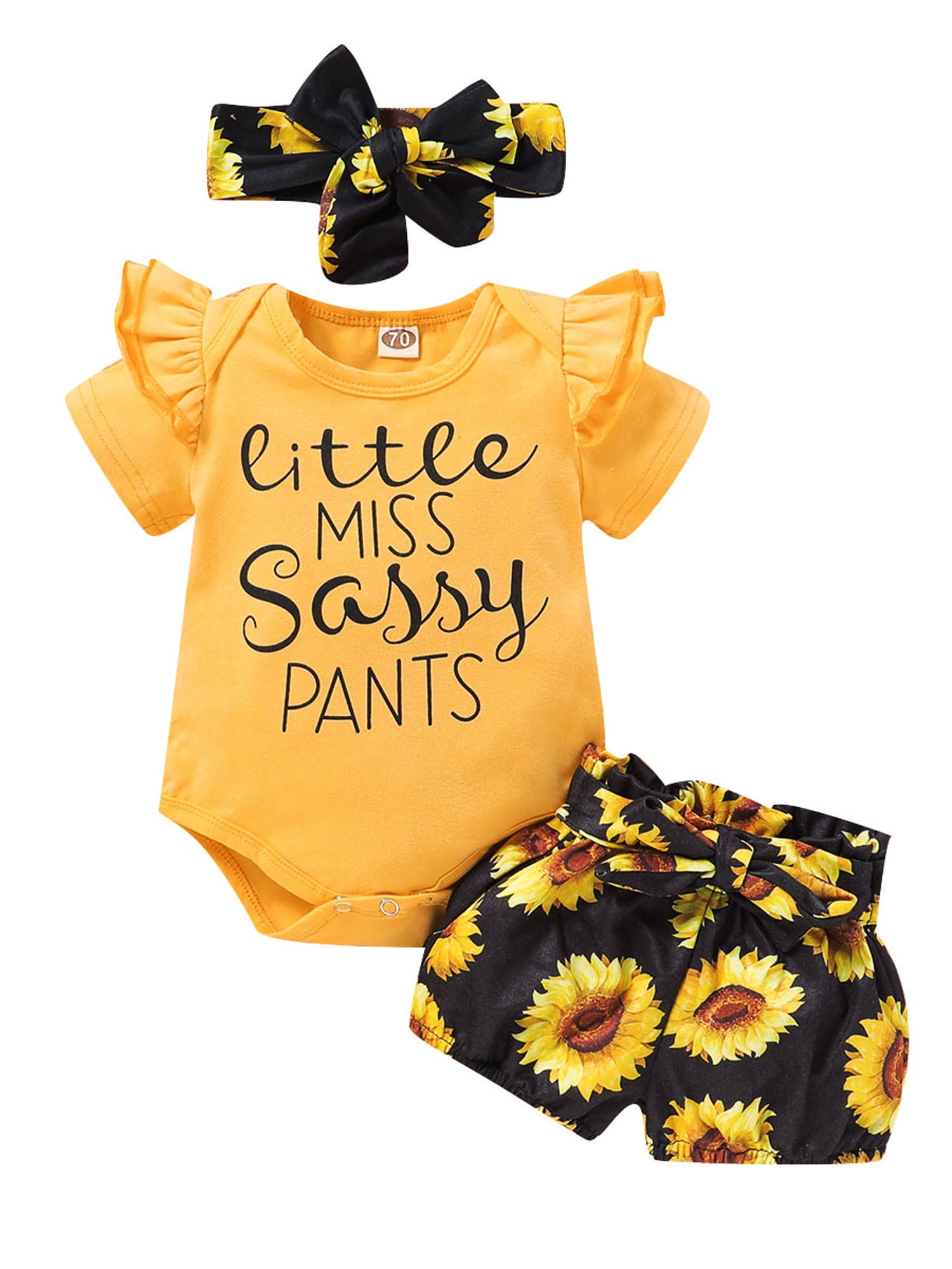 Toddler Baby Girls Sunflower Ruffle Sleeve Tops+Pants+Headband Outfits Set 