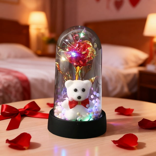 Adorno de oso rosa preservada con luz LED nocturna para San Valentín | Decoración romántica de cúpula acrílica | Colores morado, blanco, azul, rojo y rosa | Regalo para el alféizar de la ventana del
