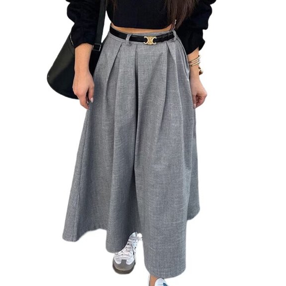 Women'S High Waisted Elegant Pleated Long Skirt A Line Swing Skirts Gray S
