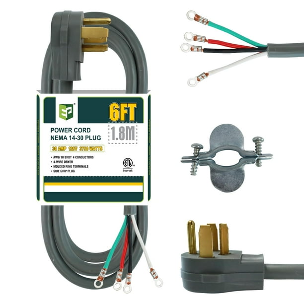 Cable de secado EP, 4 puntas, 10/4, SRDT, 30 amperios, 6 pies, NEMA 14-30, gris