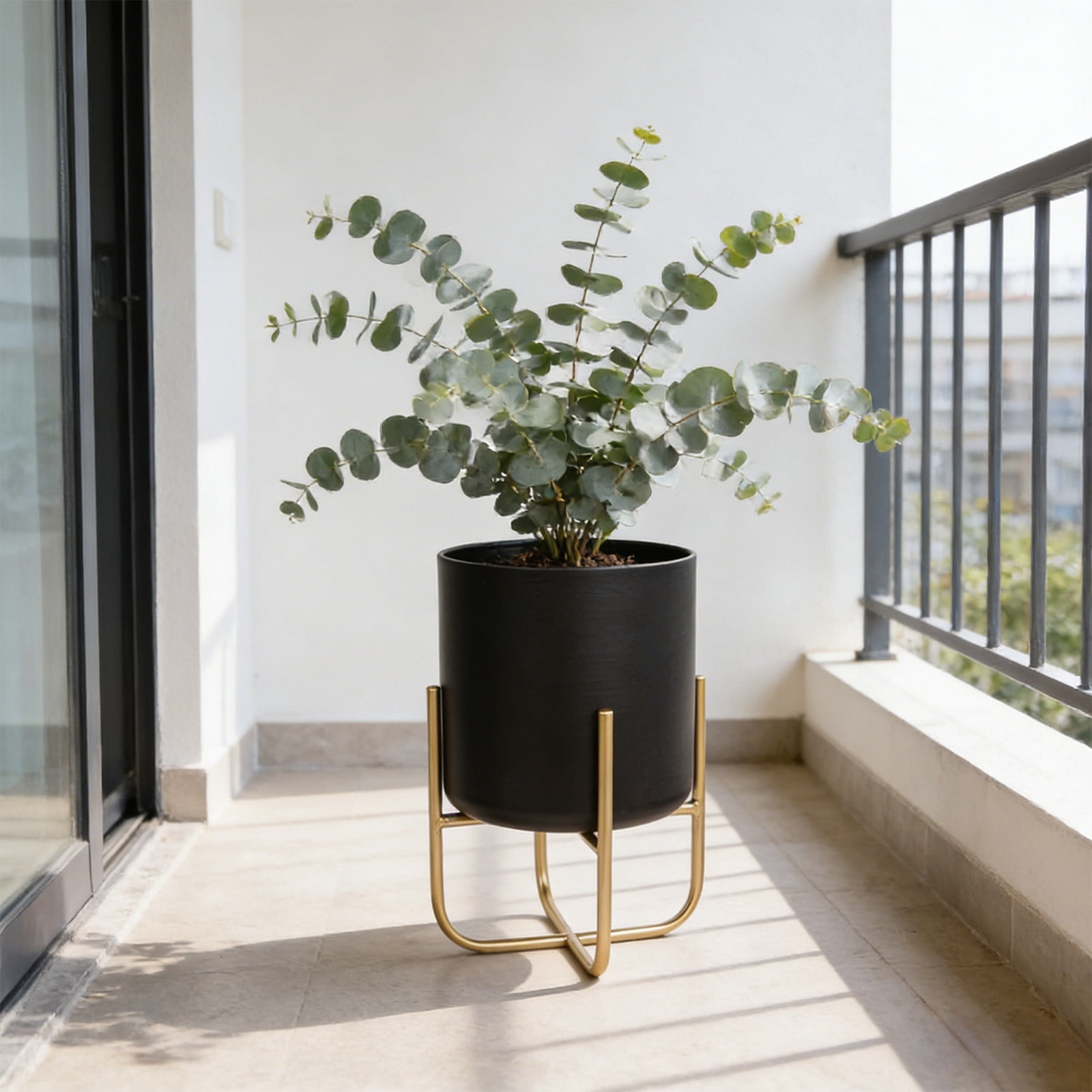 YiJuHui Large Metal Planters with Stand Indoor Outdoor Modern Flower Pots with Drainage Holes, Elevated Floor Planter for Living Room Office Garden Balcony Decor, Black and White Geometric Design