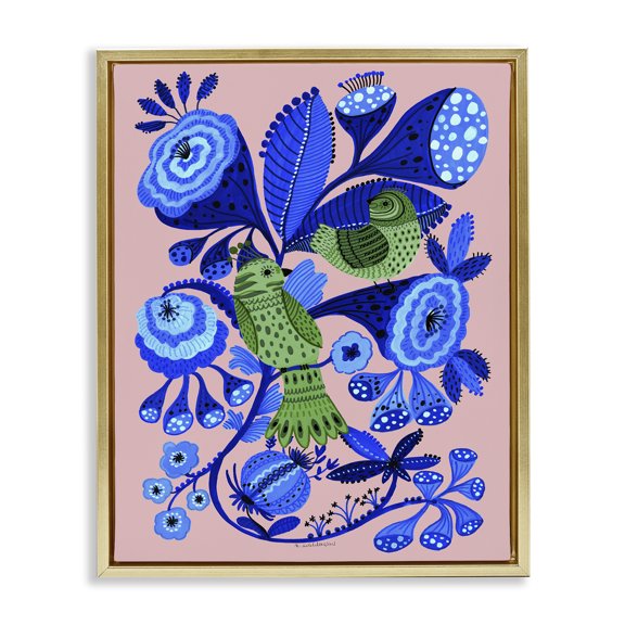 Stupell Industries Folk Style Birds in Nature Animals Painting Gold Floater Framed Canvas Art Print Wall Art, 17 x 21