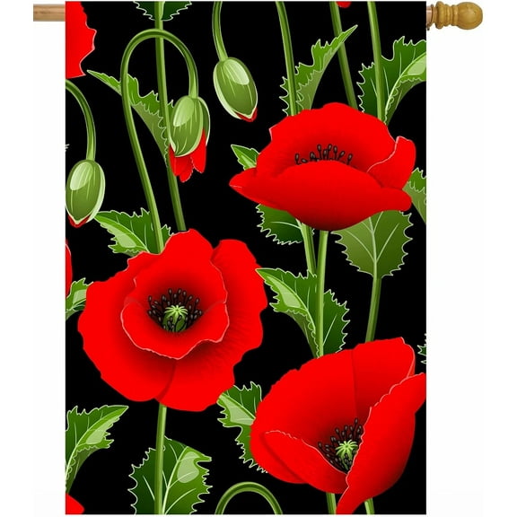 Red Poppies Flowers Plant Leaves in Spring Summer Floral Poppy Seasonal House Flag 28 x 40 Inch, Double Sided Large Garden Yard Welcome Flags Banners for Home Lawn Patio Outdoor Decor