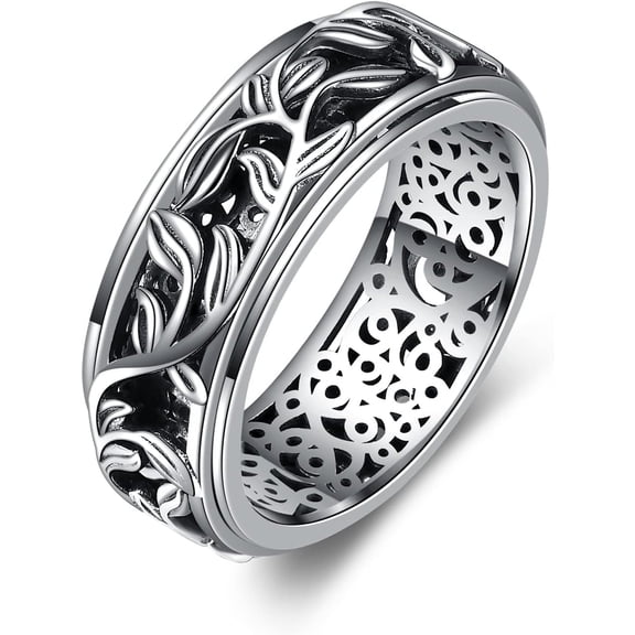 Fidget Ring Sterling Silver Anxiety Ring Filigree Leaves Spinner Rings Relieving Stress Band Ring Birthday Jewelry Gifts for Women (11)