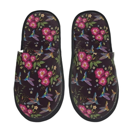 Balery Flowers And Humming Bird1 Slient Indoor Furry Fleece Comfort House Shoes Soft Non-Slip Home Shoes Cotton slippers House Slippers-- Large