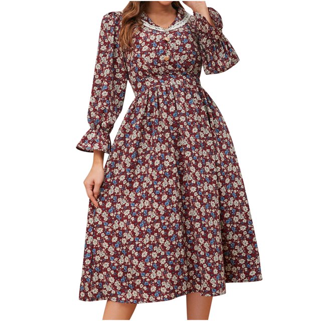 Vestido a media pantorrilla de manga larga con encaje floral y temperamento francés retro informal a la moda para mujer Fridja yut6945