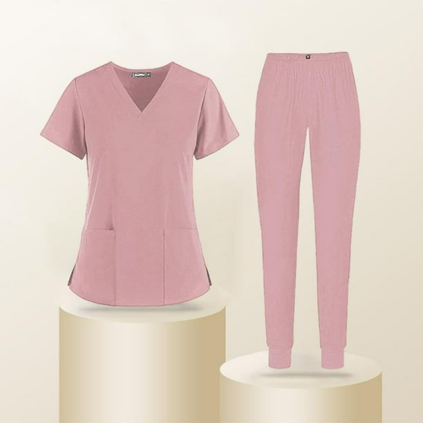 Comfort Nursing Scrub Set Uniformes con Bolsillos Tops Pantalones de Delgada Moda con Cuello en V Ropa de Tr , Rosa S