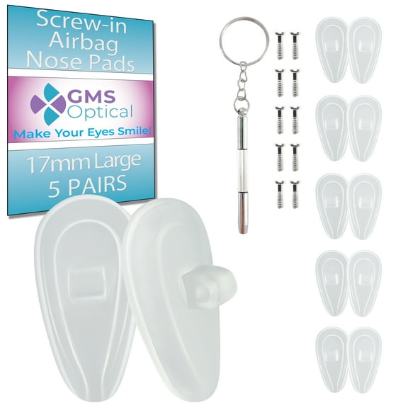 GMS Optical 17mm Long Length / 7mm Medium Width – Air Bag Tear Drop Screw-In Soft Silicone Nose Pads for Glasses, Eyeglasses & Sunglasses with Screws & Screwdriver (5 Pair, Clear)