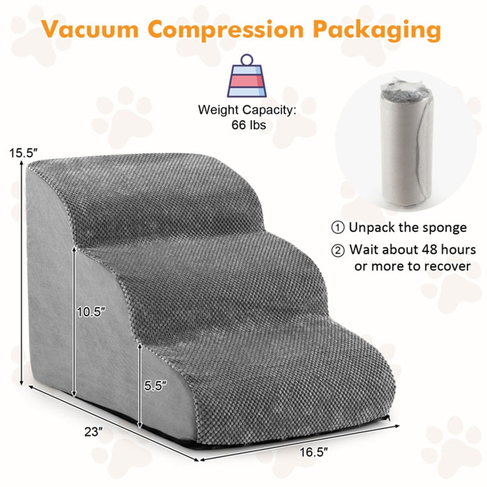 Kadyn 23" Dog Stairs for Small Pets with High-Density Sponge and Silicone Paw Prints, 3-Step Dog Ramp for Beds and Couch, Gray