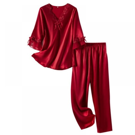 

Spring And Autumn Thin Section Seven-point Sleeve Silk Ladies Pajamas Set Embroidery Lace Top + Pants 2-piece