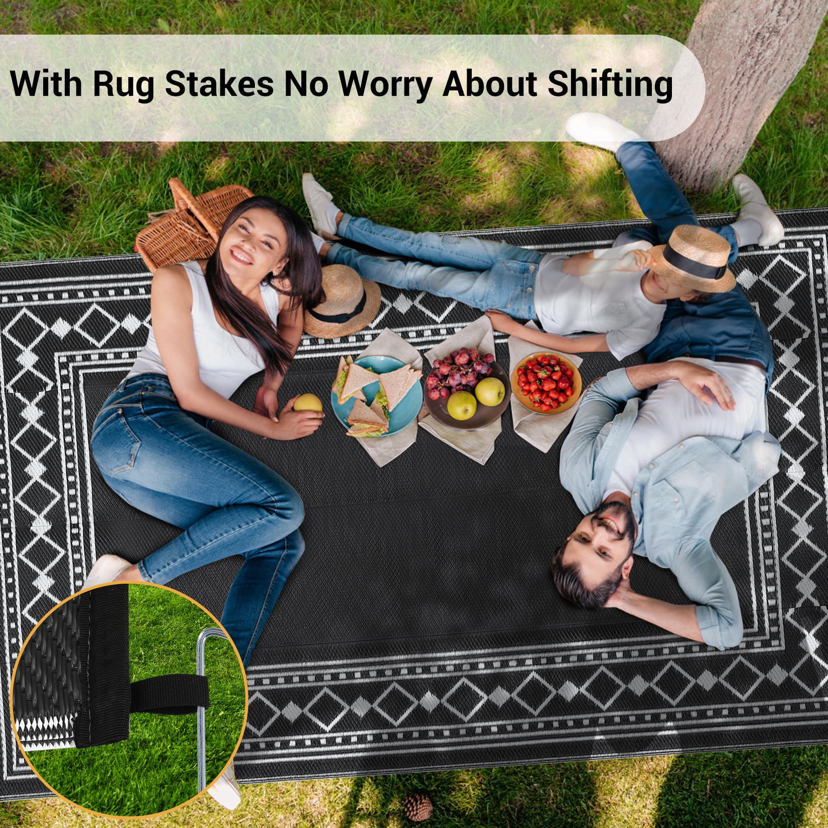 HOMERRY Geometric Border Outdoor Rug Straw Plastic Area Rug for Balcony Pool RV Waterproof Reversible Carpet, Black/White, 9'x 18'