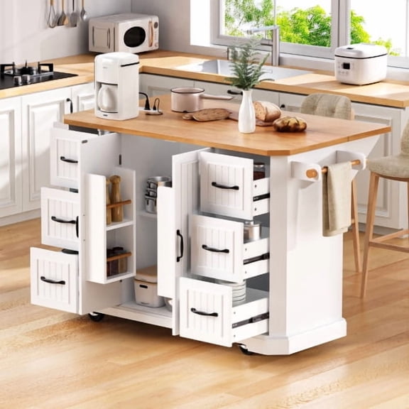 56 Inch Rubber Wood Kitchen Island with Drop Leaf, Rolling Kitchen Cart on Wheels with Power Outlet 4 Door Shelves and 6 Drawers, White
