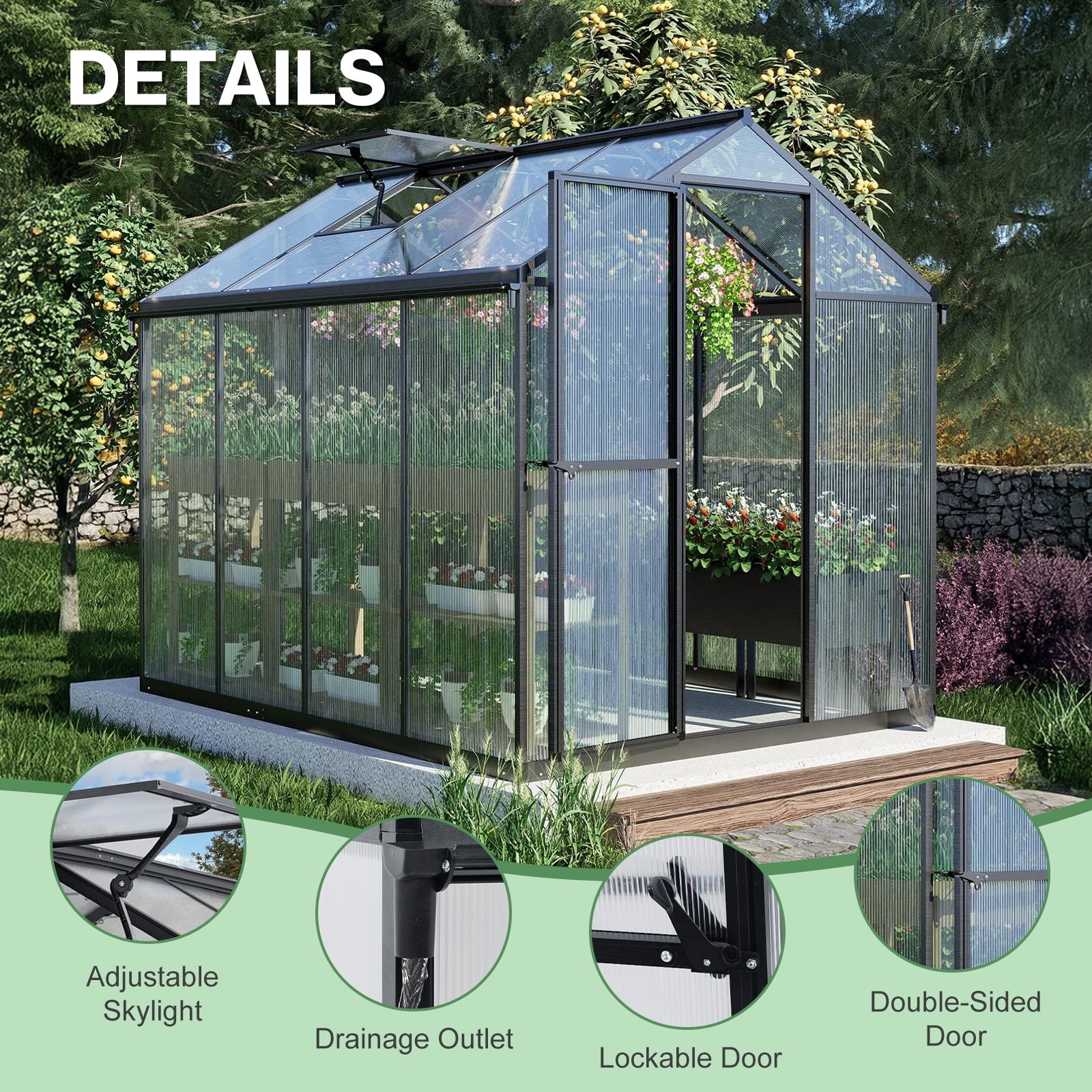Aoodor 6' x 8' Outdoor Greenhouse, Walk-in Polycarbonate Greenhouse with Aluminum Frame for Outside Backyard, Black