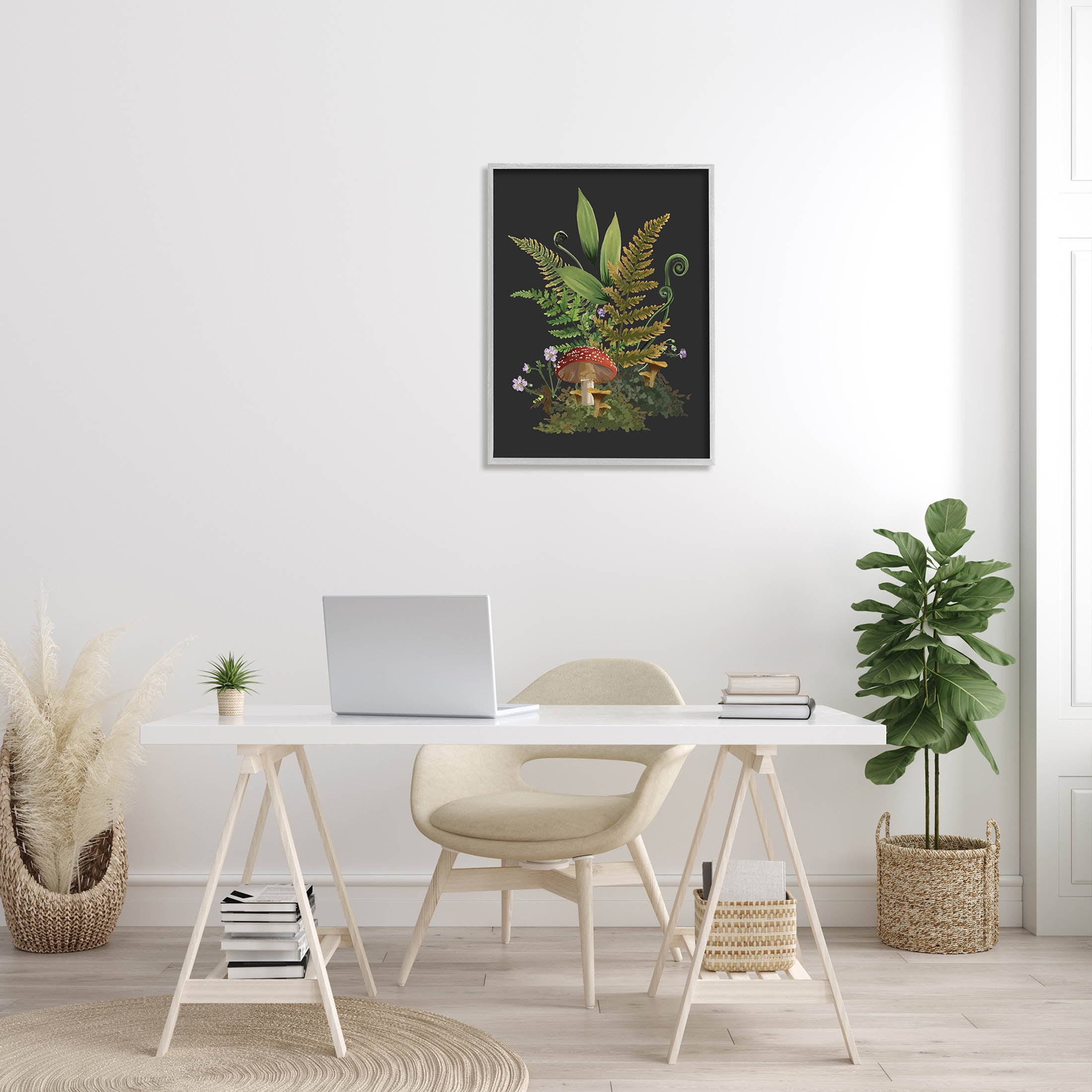 Ferns Sprouting Woodland Mushroom Plants Botanical & Floral Graphic Art Gray Framed Art Print Wall Art