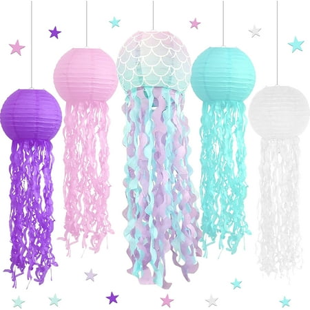 YLZSXIO Hanging Jelly Fish Paper Lanterns, Pink Purple Blue White Paper Lanterns for Mermaid Theme Party Under The Sea Ocean Birthday Decorations, Set of 5