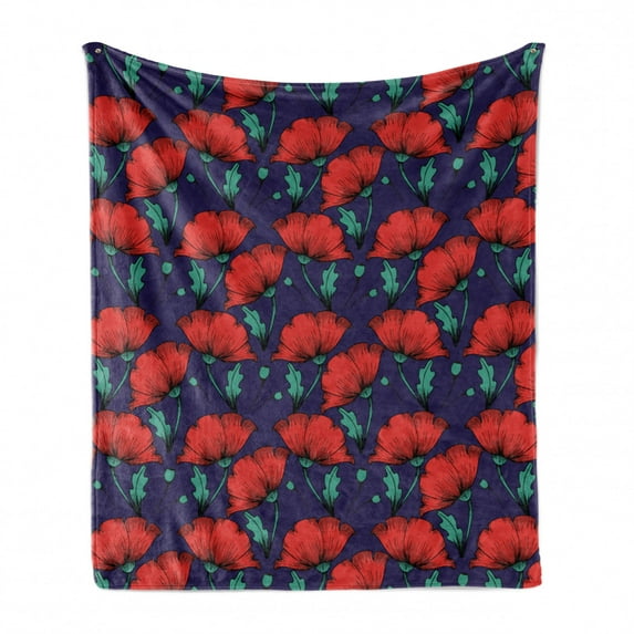 Vintage Soft Flannel Fleece Blanket, Poppy Bouquets Pastel Meadow Rural Blossoms and Turquoise Leaves Pattern, Cozy Plush for Indoor and Outdoor Use, 60" x 80", Vermilion and Quartz, by Ambesonne