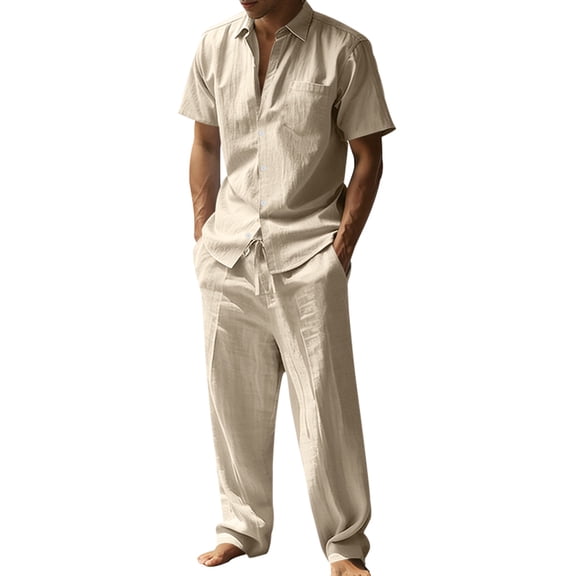 LNZGNM Mens 2 Piece Cotton Linen Outfits Short Sleeve Button Down Breathable Shirts Loose Pants with Pockets Stylish Vacation Outfits,Khaki S