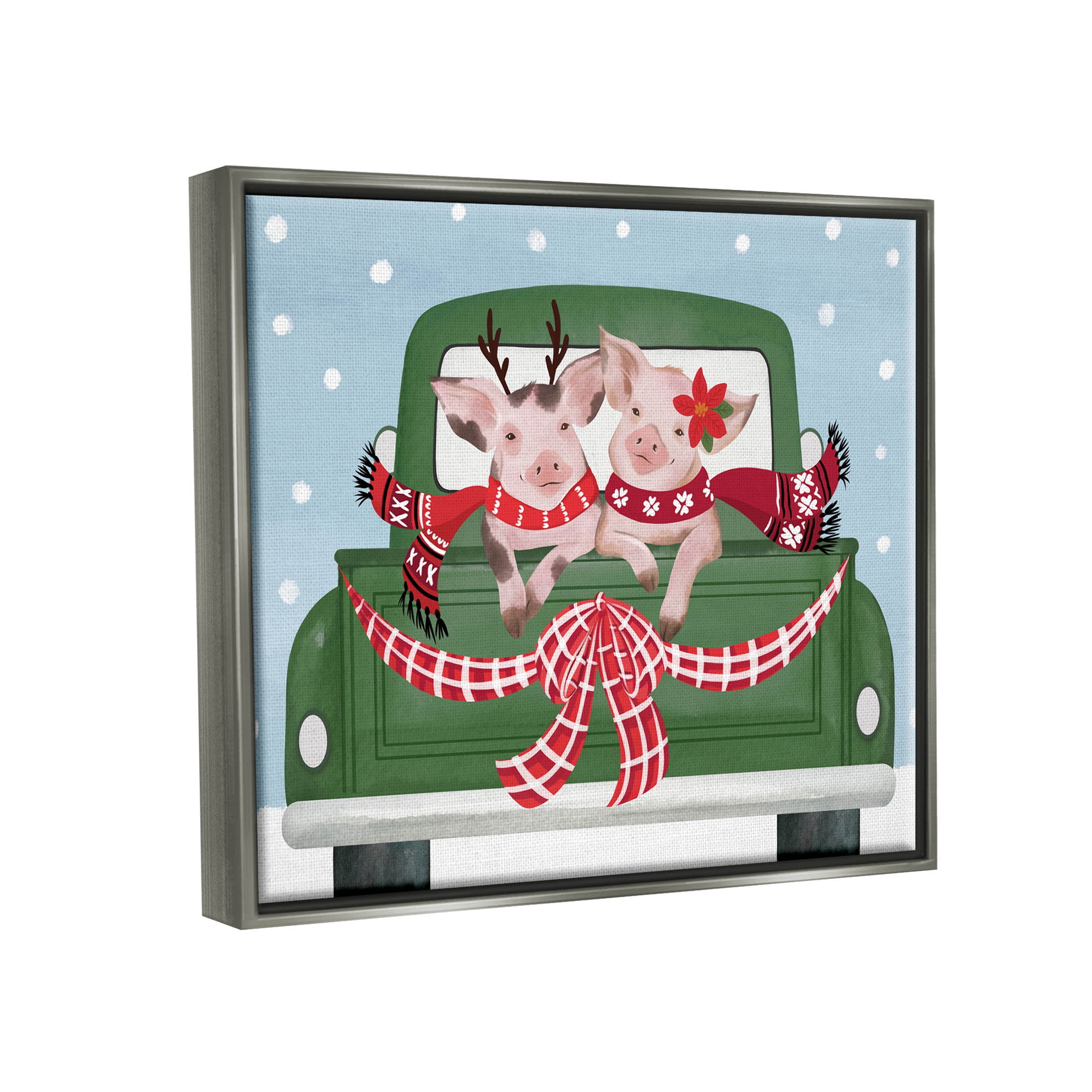 Farmhouse Pigs Green Holiday Truck Holiday Graphic Art Luster Gray Framed Art Print Wall Art