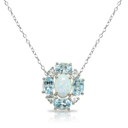 Blue Topaz Opal Necklace Simulated Opal & Blue Topaz Oval Necklace with White Topaz Accents in Sterling Silver ()