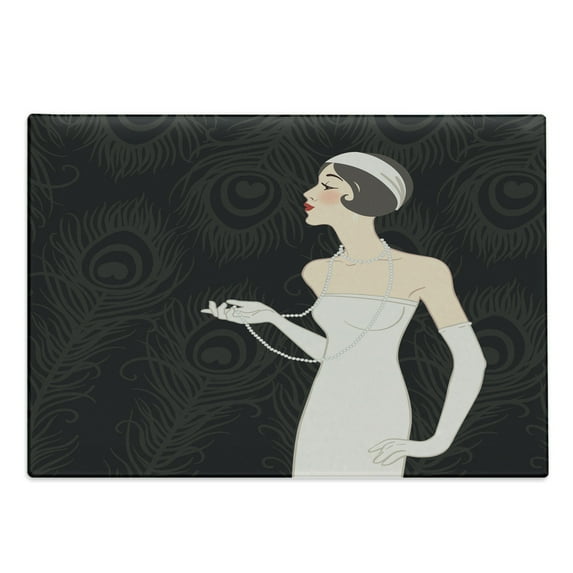 Old Hollywood Cutting Board, Pale Skin Lady with Long White Dress on Art Deco Backdrop, Decorative Tempered Glass Cutting and Serving Board, Large Size, Charcoal Grey Beige, by Ambesonne