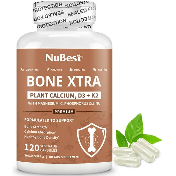 NuBest Bone Xtra, Complete Bone Strength Formula For Adults & Teens With Plant Calcium, D3 K2, Magnesium, Phosphorus & Zinc, 120 Vegan Capsules
