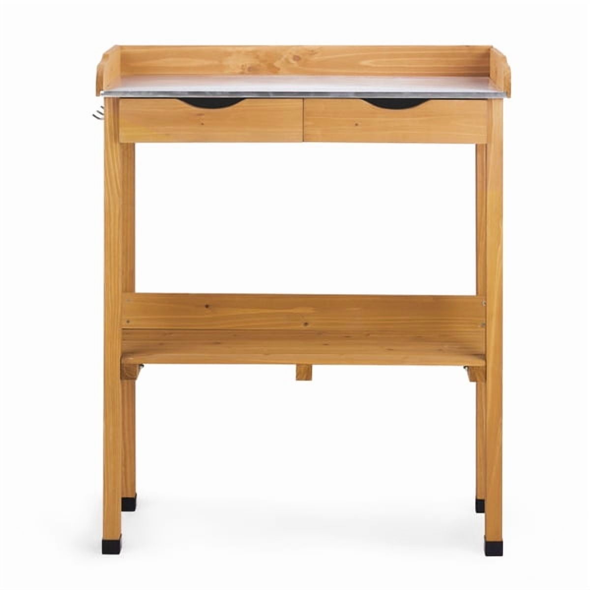 Outdoor Garden Potting Bench Table, Wooden Horticulture Planting Worstation with Metal Tabletop, 2 Drawers, Storage Shelf, 3 Hooks, Natural Wood
