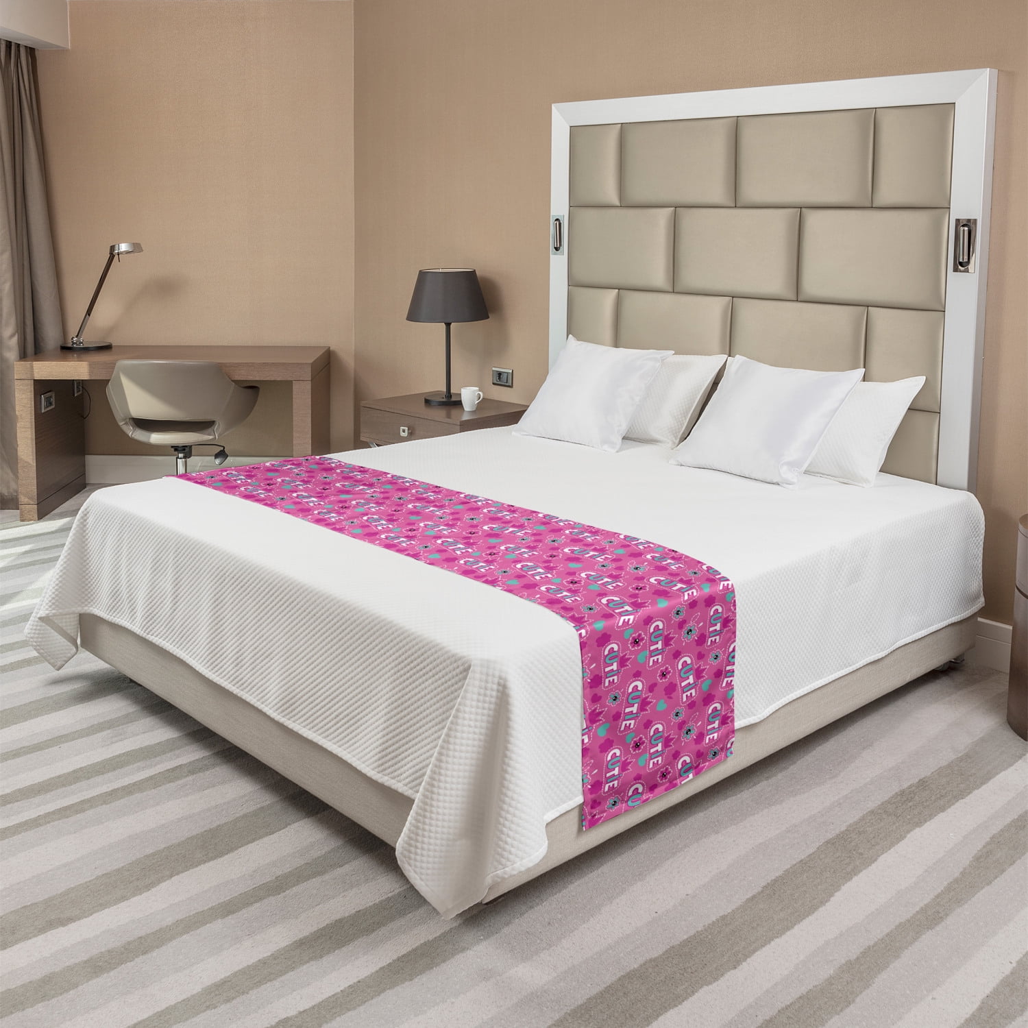 King Pink Polyester Satin Bed Runner with Crown Pattern