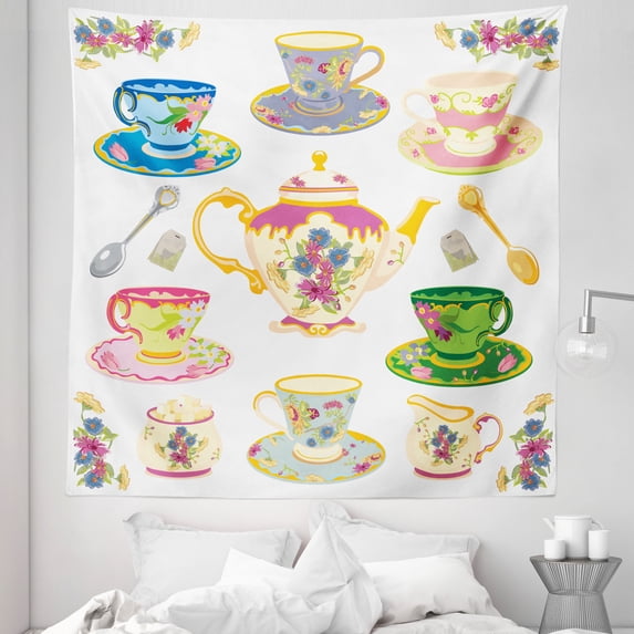Tea Party Tapestry, Selection of Vivid Colored Teacups Pot Sugar and Floral Arrangements in Corners, Fabric Wall Hanging Decor for Bedroom Living Room Dorm, 5 Sizes, Multicolor, by Ambesonne