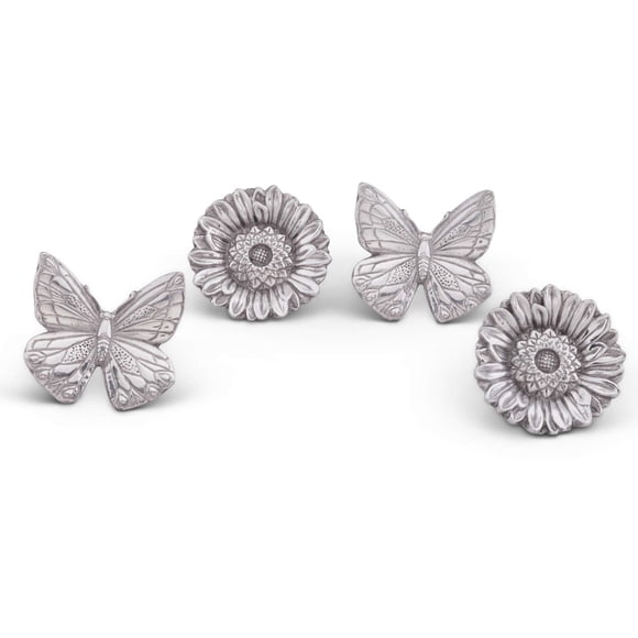Arthur Court Aluminum Butterflies and Flowers Napkin Ring Set of 4; Pair of Butterflies and Pair of Flowers; Artisan Crafted Designer Rings 3 inch x 3 inch