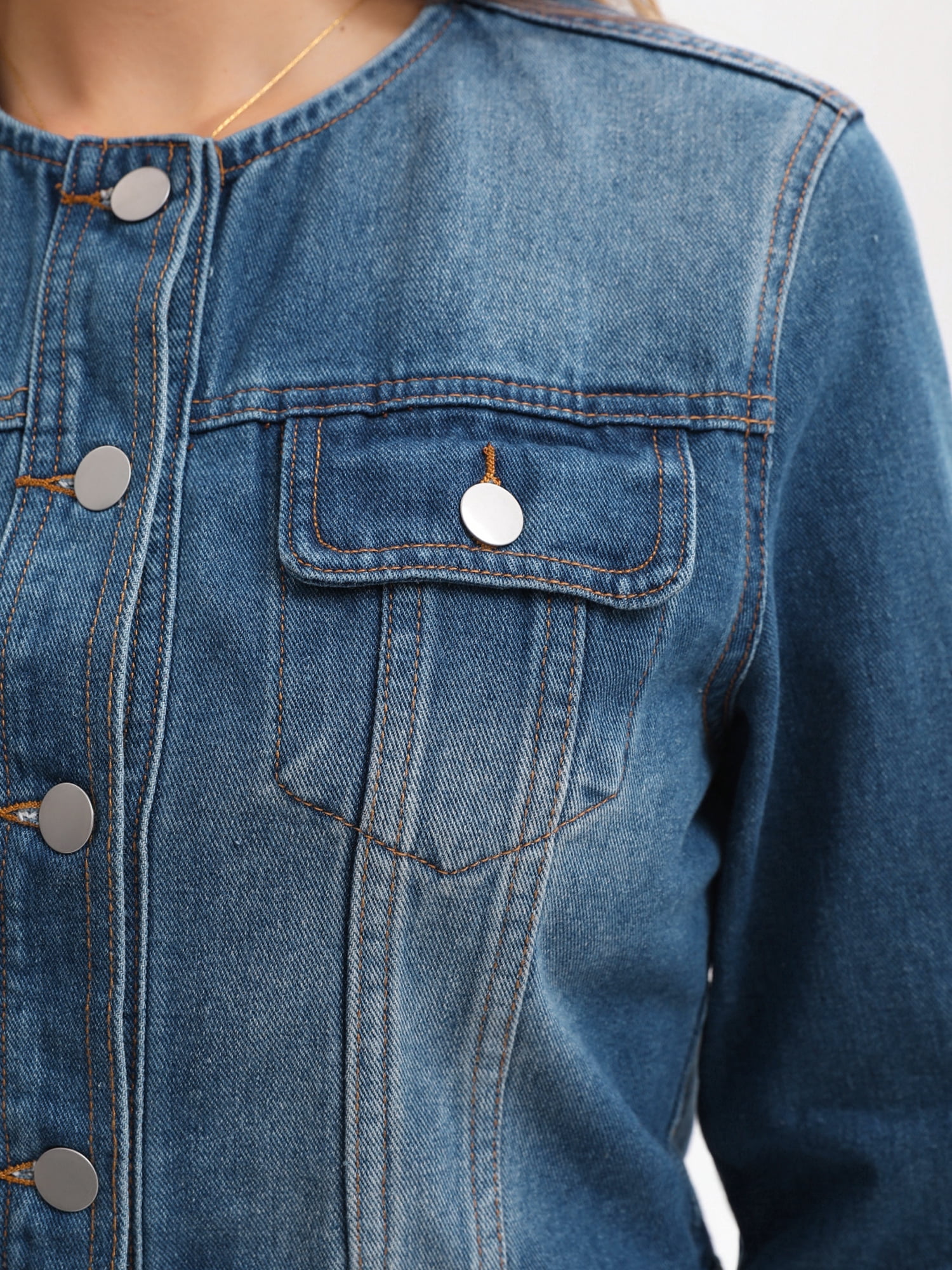 DARING DIVA Women's Collarless Button Down Long Sleeve Denim Jacket M Blue