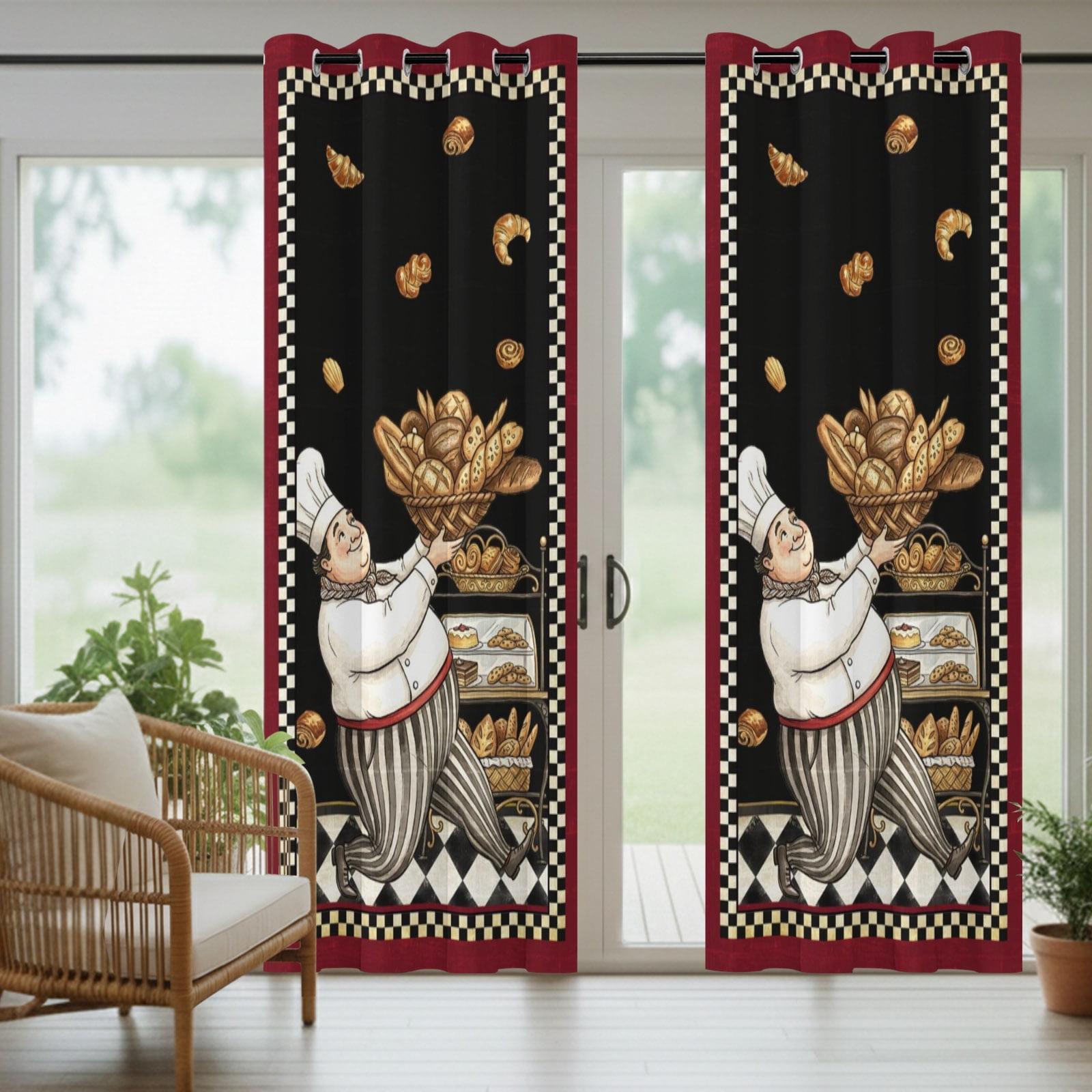 Retro Cartoon Chef Outdoor Curtains for Patio, Vintage Break Farmhouse Traditional Food Black Plaid Sunshade Privacy Drapes Grommet Waterproof Outside Curtains for Porch Balcony 54"x108", 1 Panel
