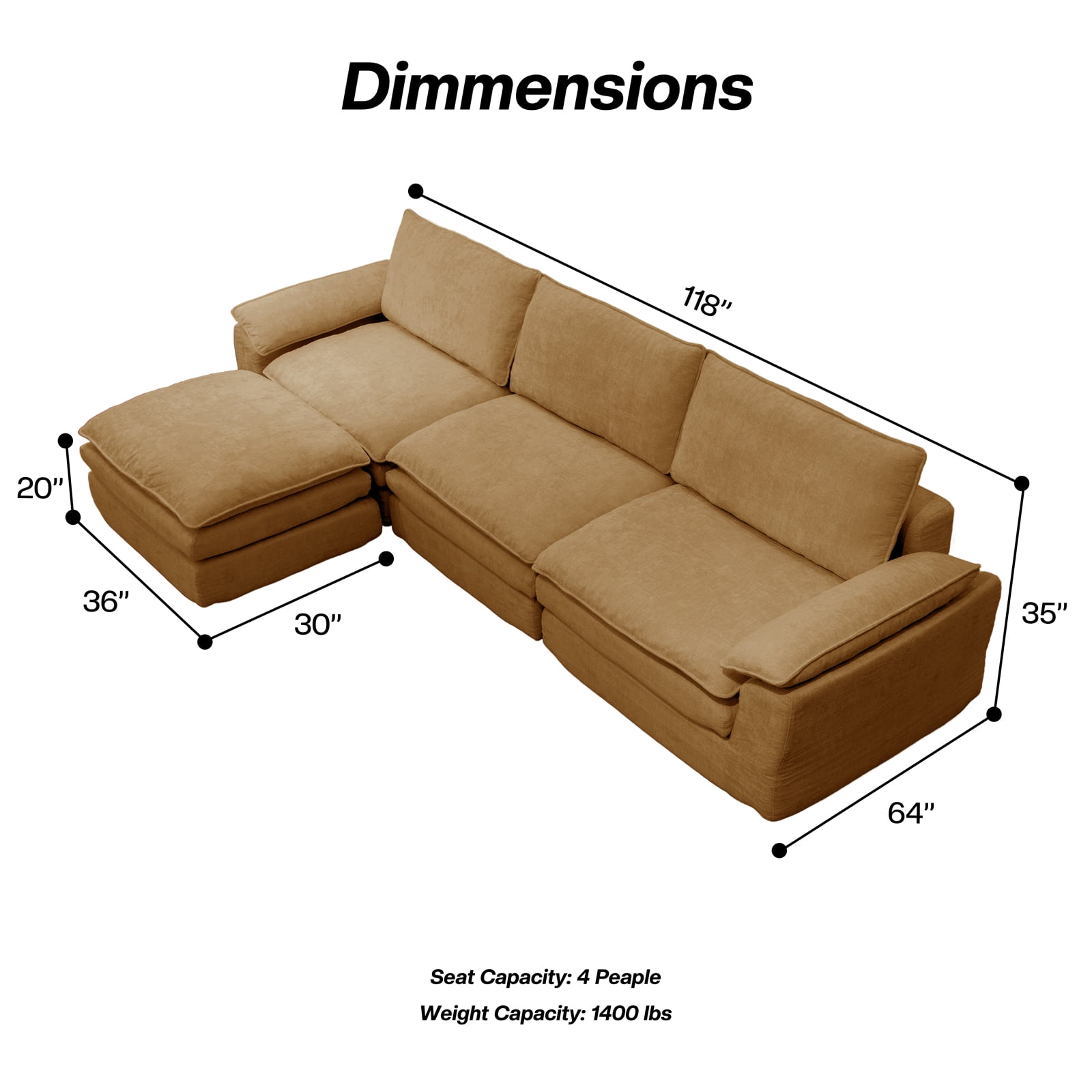 Kelyda 116'' Cloud Sectional Couches L Shaped, Modern Convertible Modular Cloud Chenille Sofa for Living Room Brown