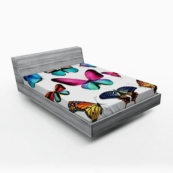 Ambesonne Nature Fitted Sheet, Vibrant Butterflies Set, Queen Size, Multicolor