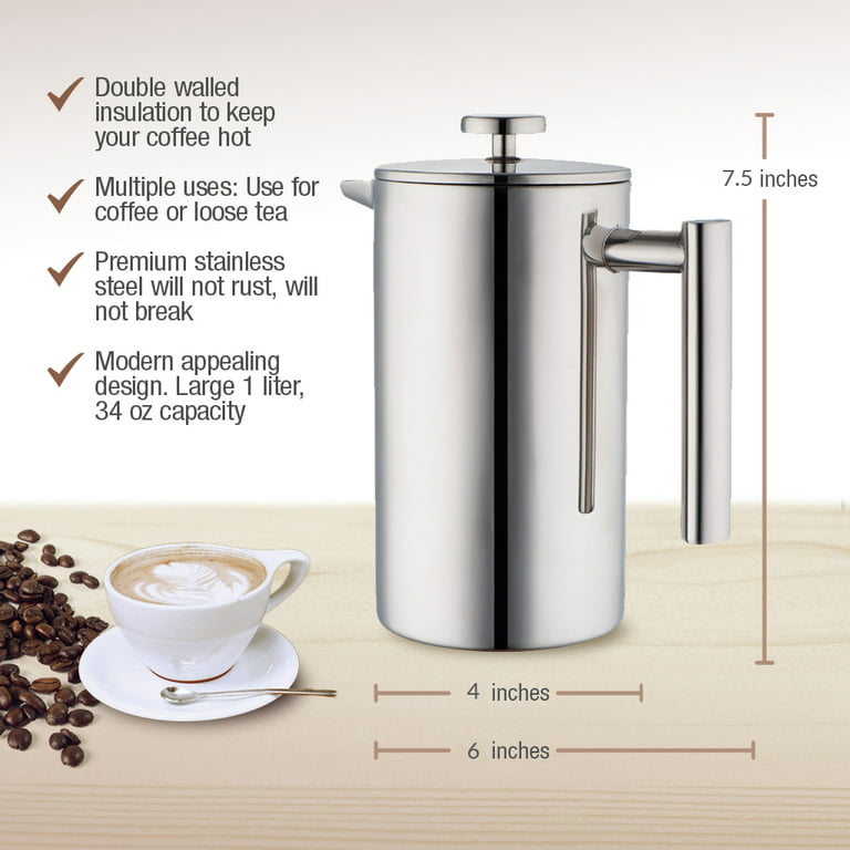 French Press Coffee Maker 34oz - set of 2 Double-Wall Insulate Glass 12oz -  Tea Press Insulated Stainless Stainless French Press - 2 Extra Filters 
