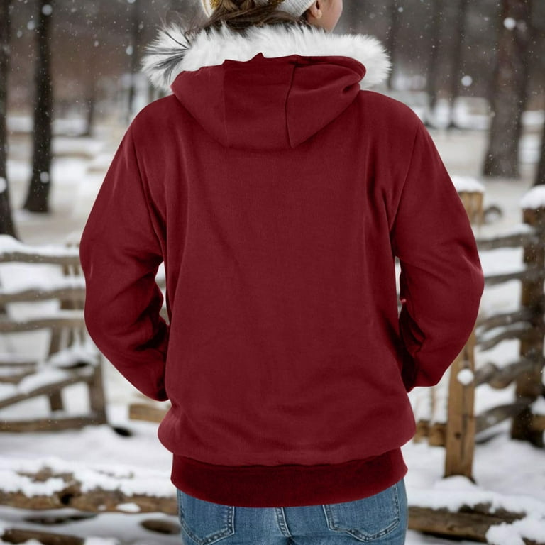 lcziwo Womens Faux Fur Trim Hooded Sweatshirt Jacket Lightweight Zip Up Hoodies Solid Casual Trendy Outerwear with Pockets Clearance Sale Wine M Walmart
