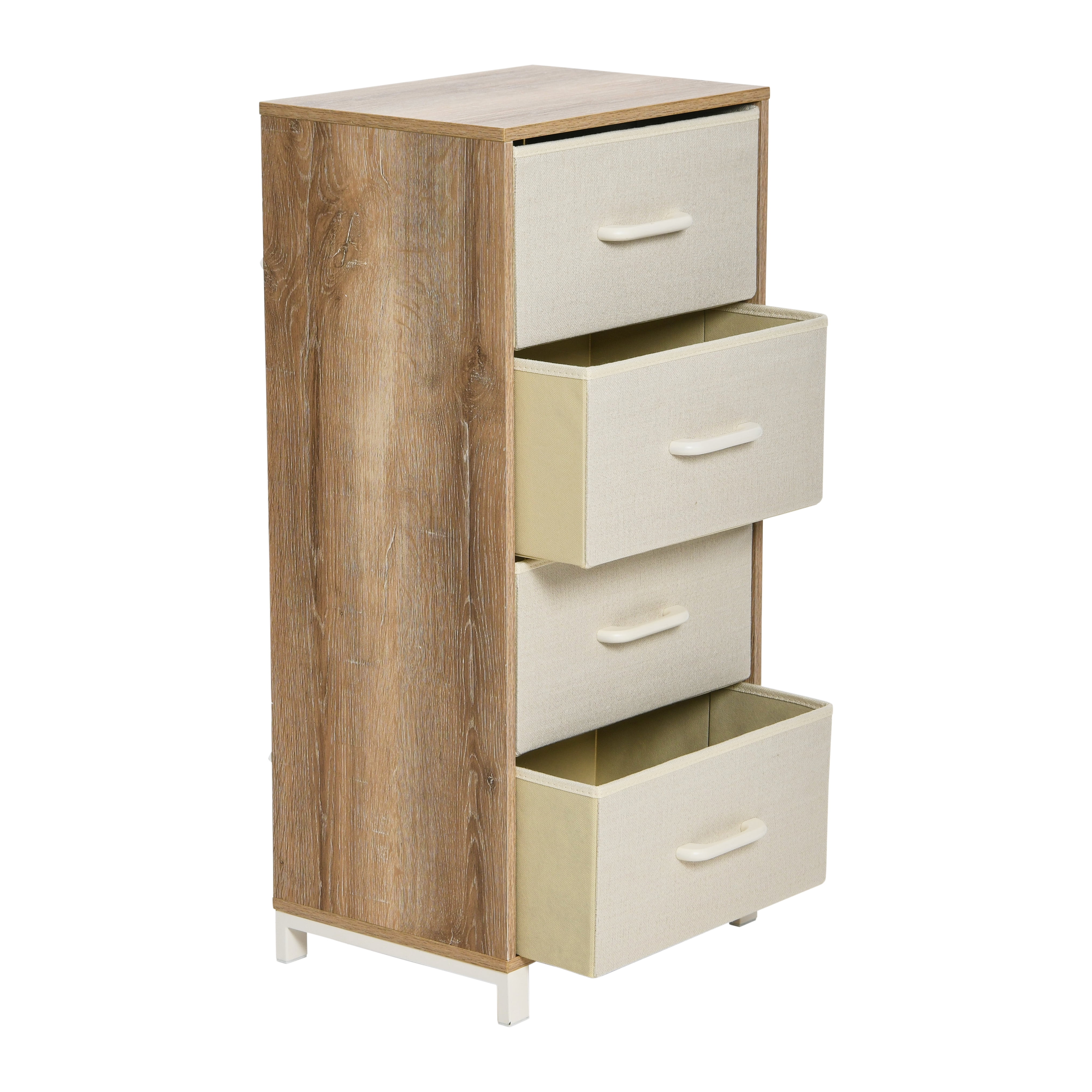 Household Essentials 4 Drawer Dresser, Narrow Storage Chest, Multi-Color Drawers, Wire Backing and Metal Feet, Wood Handles, Coastal Oak Laminate