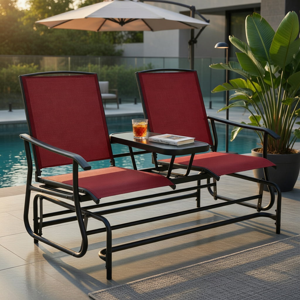 Hommoo 2-Person Outdoor Rocking Loveseat with Tempered Glass Center Table, Mesh Fabric Seating, Red