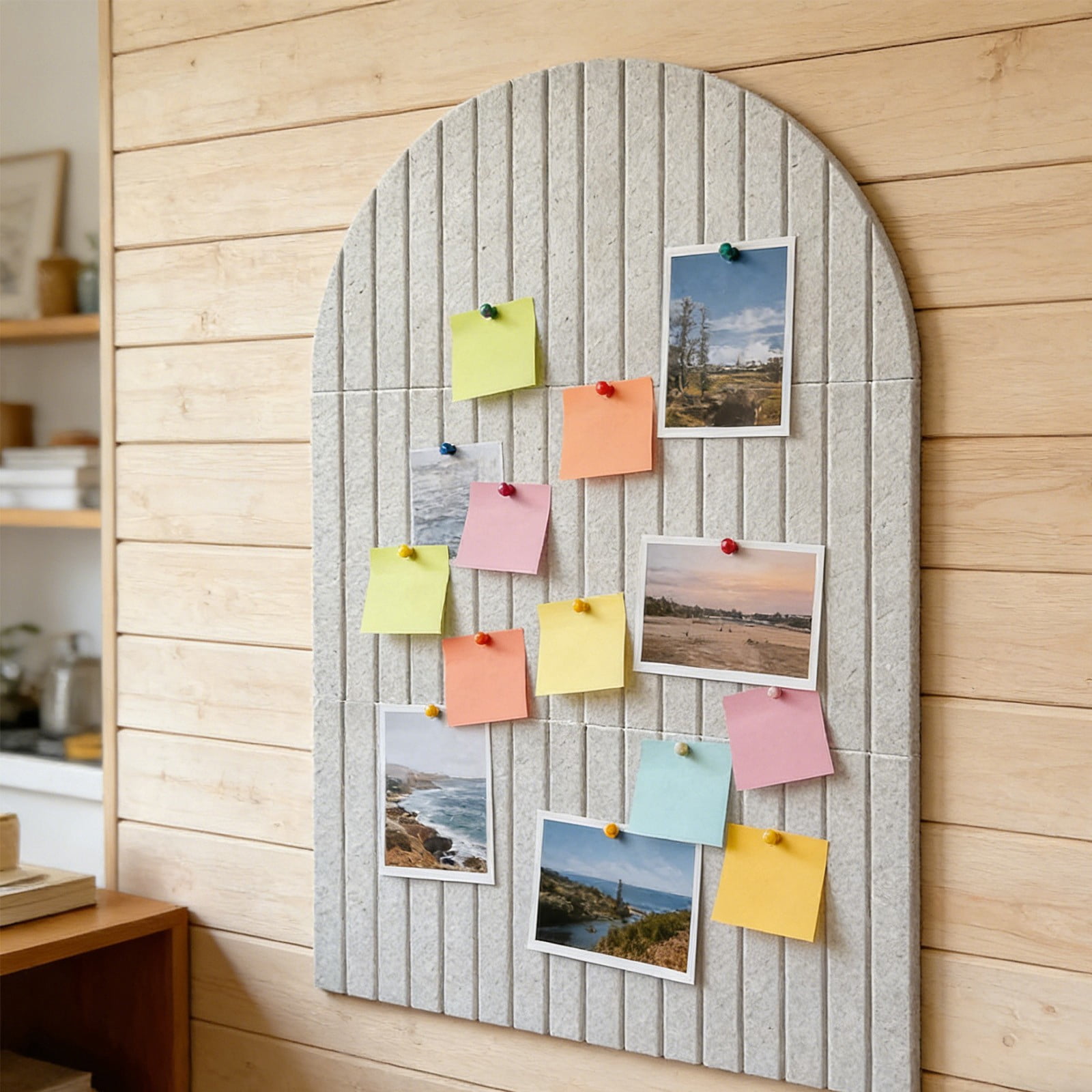 Updated Large Felt Bulletin Board, 35.43x23.62in Cork Board Alternative, 6 Customizable Adhesive Tiles, Perfect to Display Your Photos, Arched White