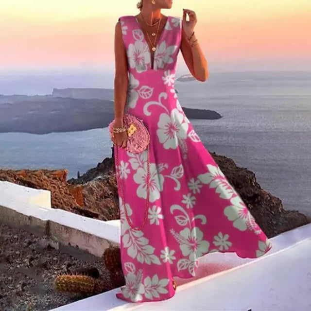 Lenago Robes Formelles Grande Taille pour Femmes Mode Décontractée Été Sans Manches Col en V Robe Imprimée Fermeture Éclair Robe Longue Robes de Plage en Solde
