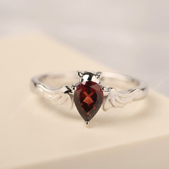 Vampire bat ring real garnet ring pear cut 925 Sterling Silver January birthstone Halloween jewelry
