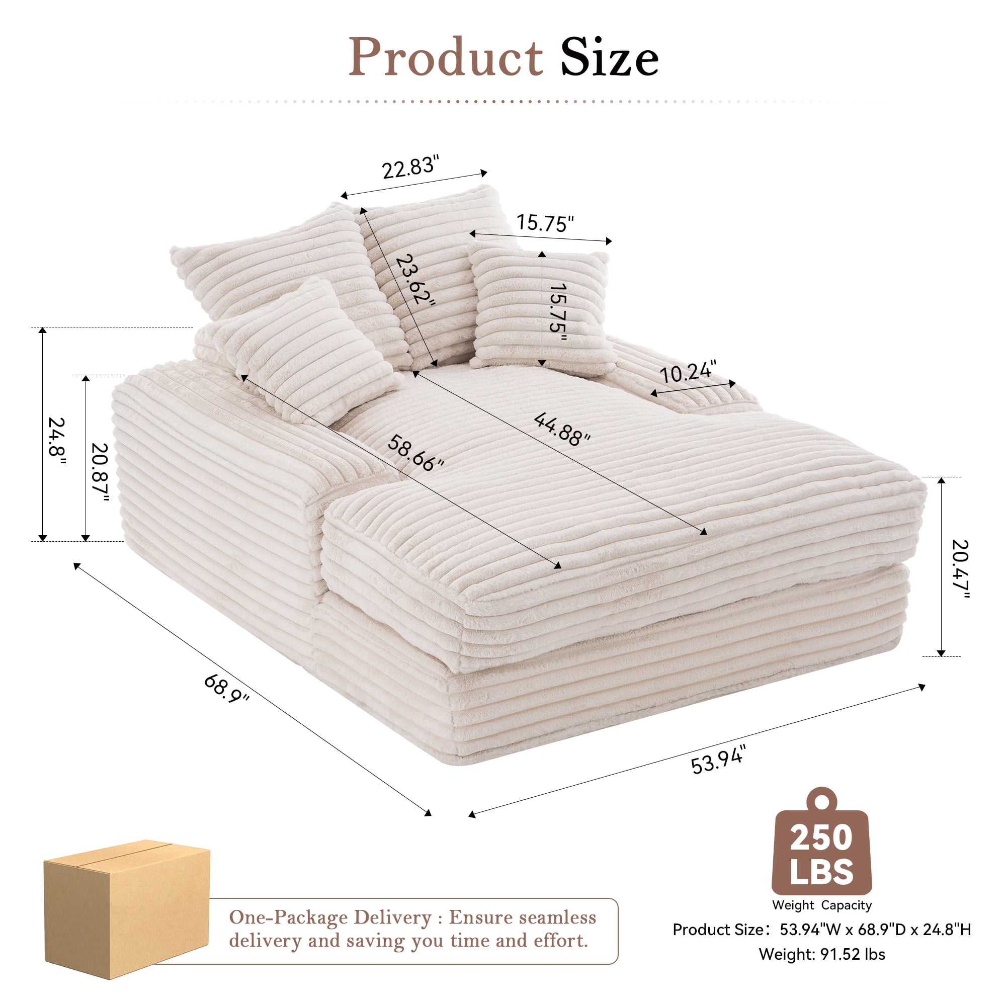 MOONMISS 69in Corduroy Chaise Lounge Sofa Bed with 4 Pillows,No Assembly Chair Bed for Small Space Living Room Apartment,Beige