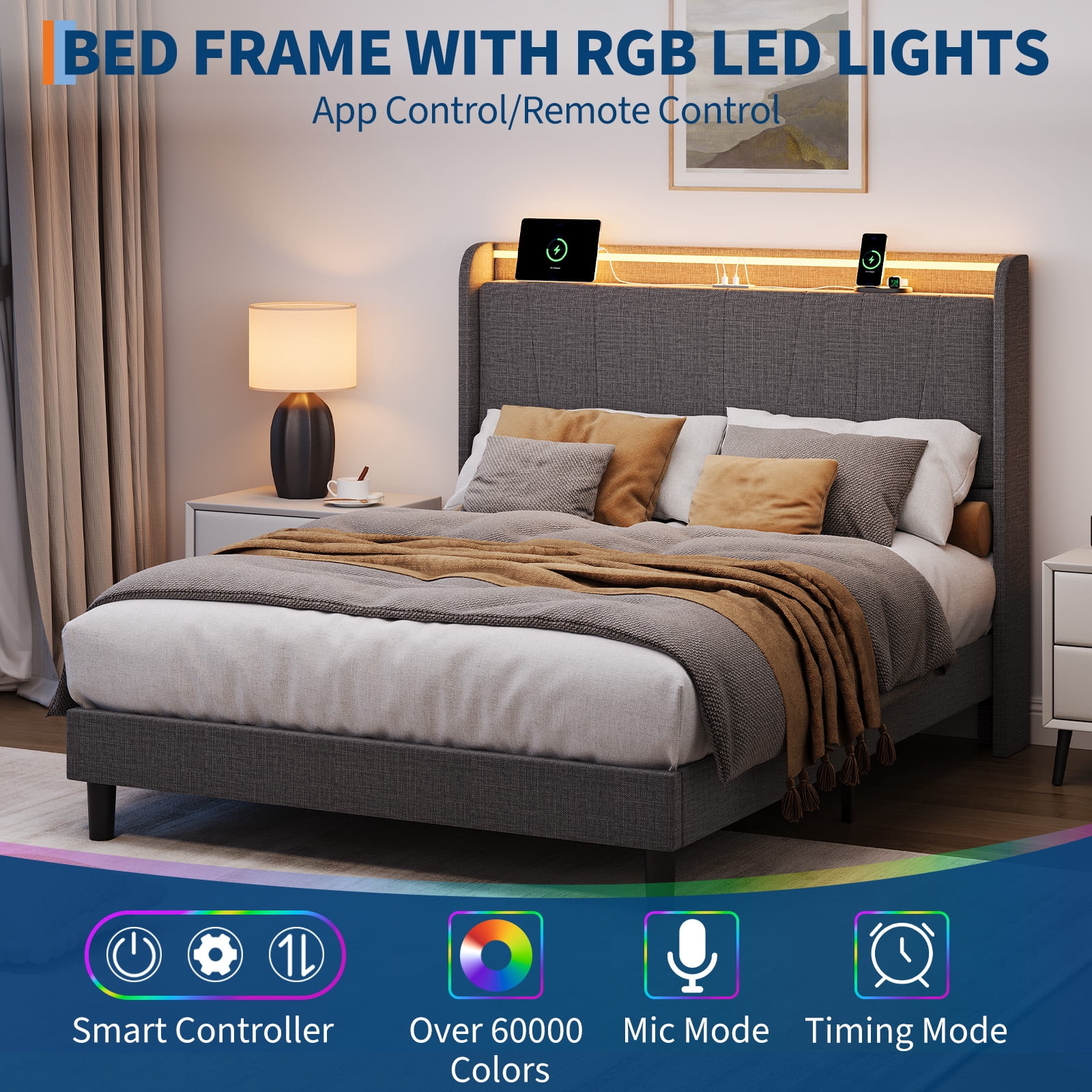 Full Size Bed Frame with LED Lights and Charging Station, Fabric Upholstered Platform Full Bed Frame with Headboard, No Box Spring Needed Bedframe, Noise Free, Easy Assembly, Gray