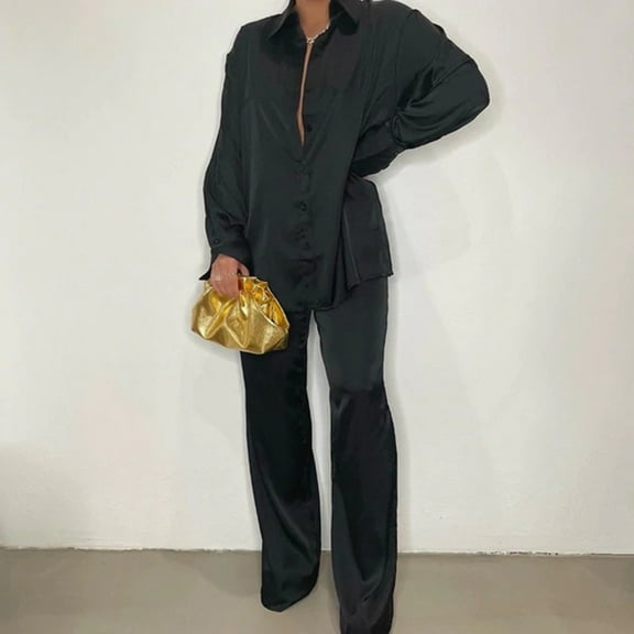 Satin Pajamas for Women 2 Pieces Valentine Pjs Women Long Sleeve Button-Down Nightwear Black Pjs for Women