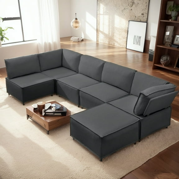 ijuicy 121”W Convertible U/L Shaped Sectional Couches and Sofas, 6 Seater Modular Sectionals for Living Room, Dark Grey
