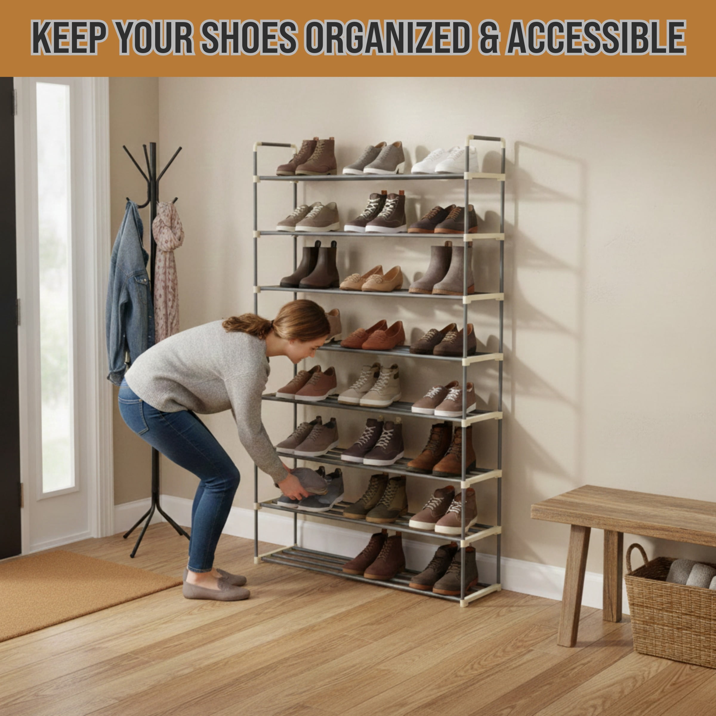 Somerset Home 8-Tier Stackable Shoe Rack Organizer - 40.9"x60.6" Shoe Shelf Organizer for 40 Pairs Sneakers, Heels, Boots (Gray)