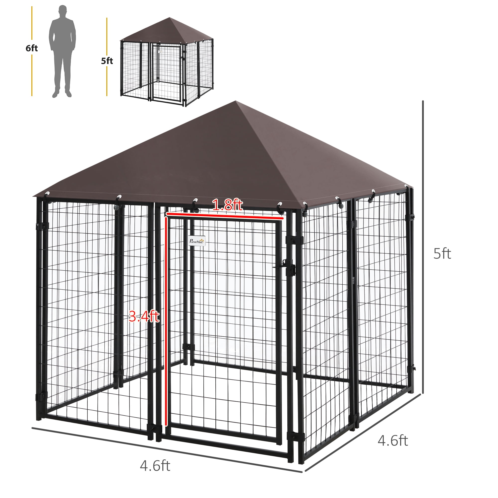 Dog Kennel Outdoor, Walk-in Pet Playpen, Welded Wire Steel Dog Fence with Water-and UV-Resistant Canopy, Jet Black 5' x 5' x 5'