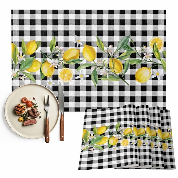 Placemats Set of 4, Floral Leaf Lemon Place Mats Branch Black Buffalo Plaid Tablemats Washable Placemat Table Decoration for Kitchen Table Dinner Party Home Decor Indoor Outdoor 13x19 Inch