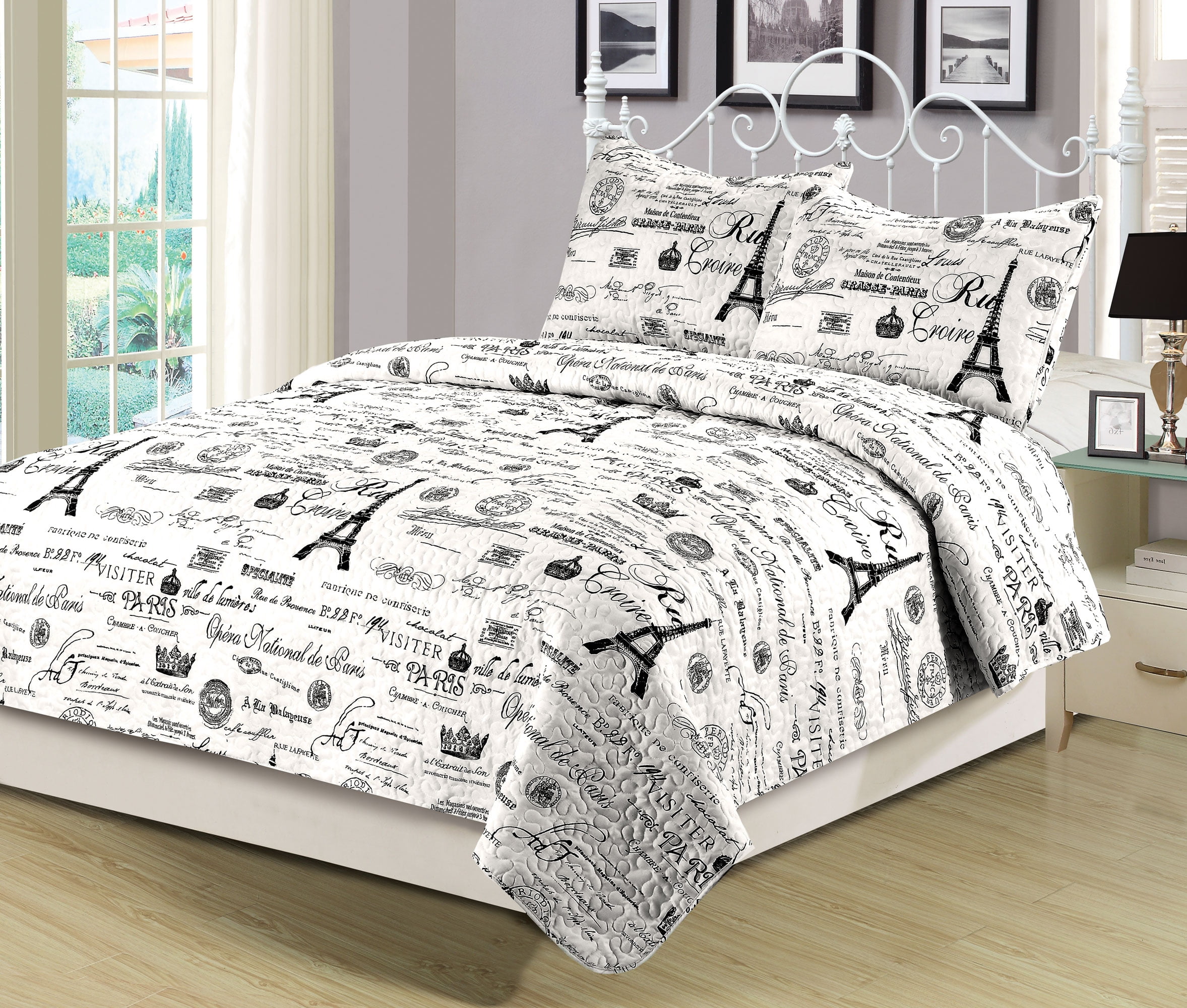 Queen Black and White or King Size Bedding Quilt Set Paris Eiffel Tower Twin 